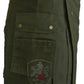 Olive Green Utility Kilt featuring cargo pockets and an embroidered shield patch