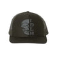 Olive green snapback trucker hat with gray skull design and IDLH text