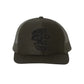 Olive green snapback trucker-style cap with black embroidered skull logo