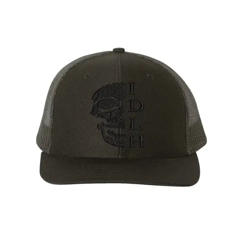 Olive green snapback trucker-style cap with black embroidered skull logo