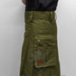 Olive green utility kilt featuring cargo pockets and pleats for practicality and style