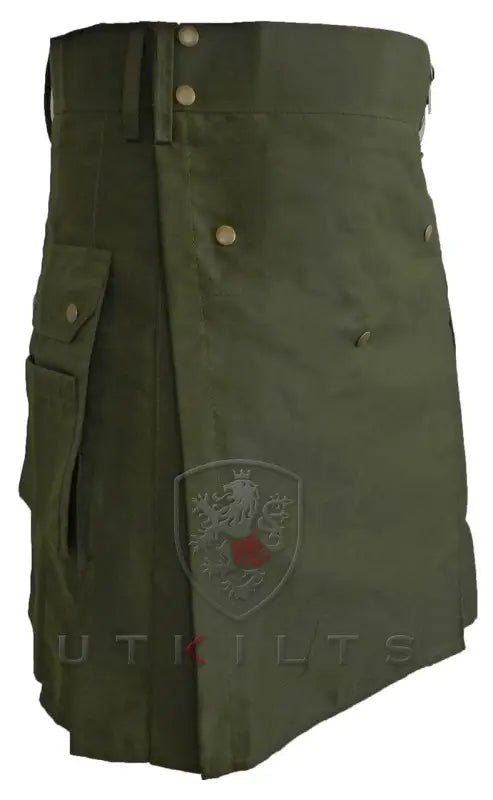 Olive green utility kilt with cargo pockets and metal buttons from Standard II