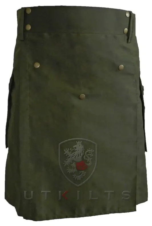 Olive Green Utility Kilt featuring cargo pockets and embroidered shield emblem