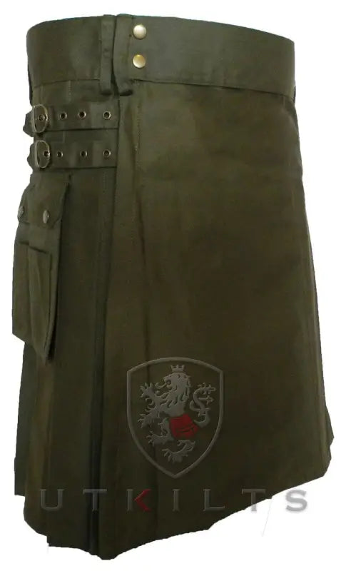 Olive green utility kilt featuring a decorative shield emblem on the side