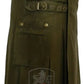 Olive green utility kilt with leather straps and decorative shield emblem design