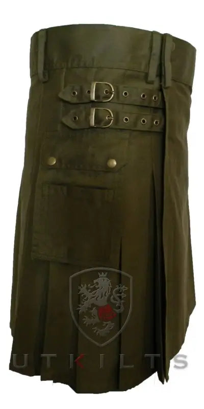 Olive green utility kilt with leather straps and decorative shield emblem design