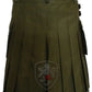 Olive green utility kilt featuring pleats and cargo pockets for practical style