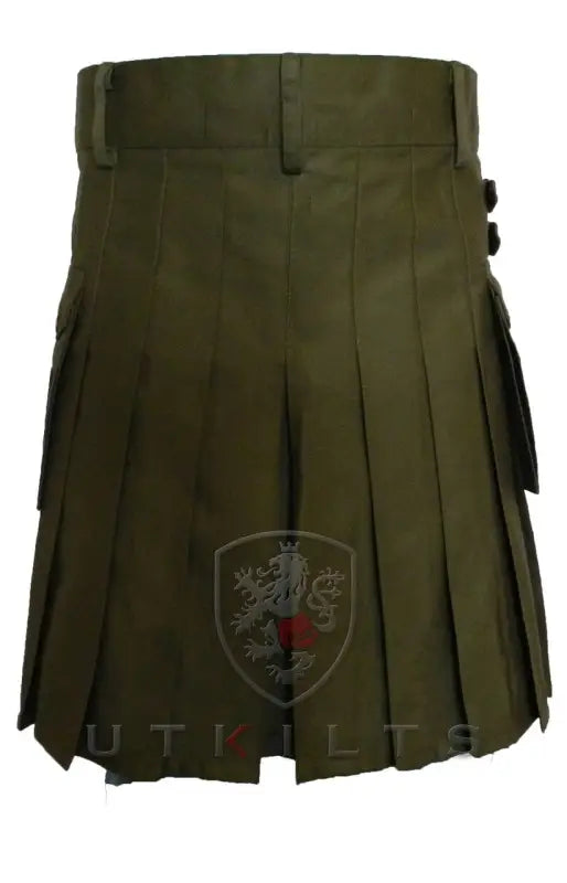 Olive green utility kilt featuring pleats and cargo pockets for practical style