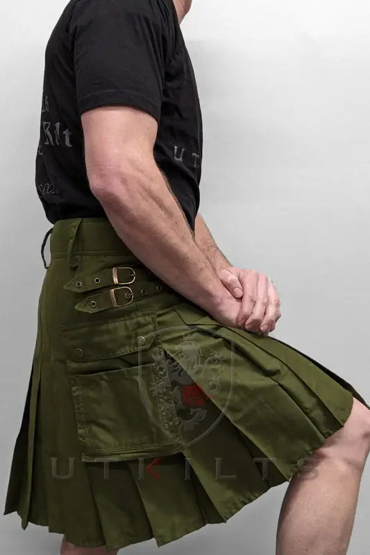 Olive green utility kilt with pleats and buckle details from Standard Olive Green Utility Kilt