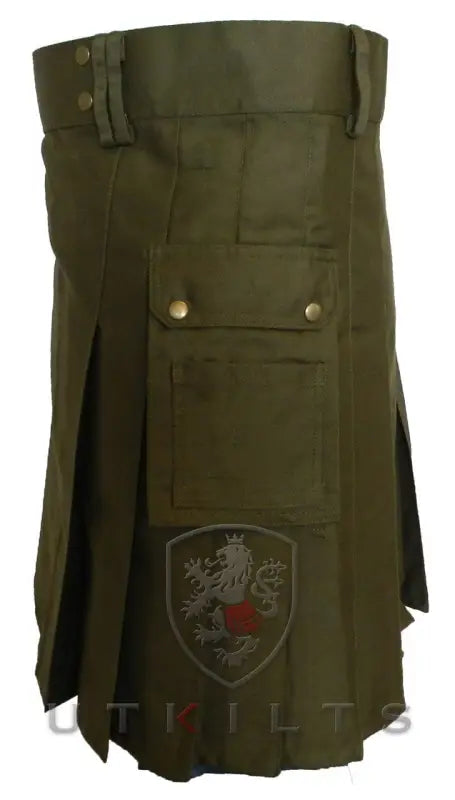 Olive green utility kilt with shield emblem patch from the Standard Olive Green Utility Kilt