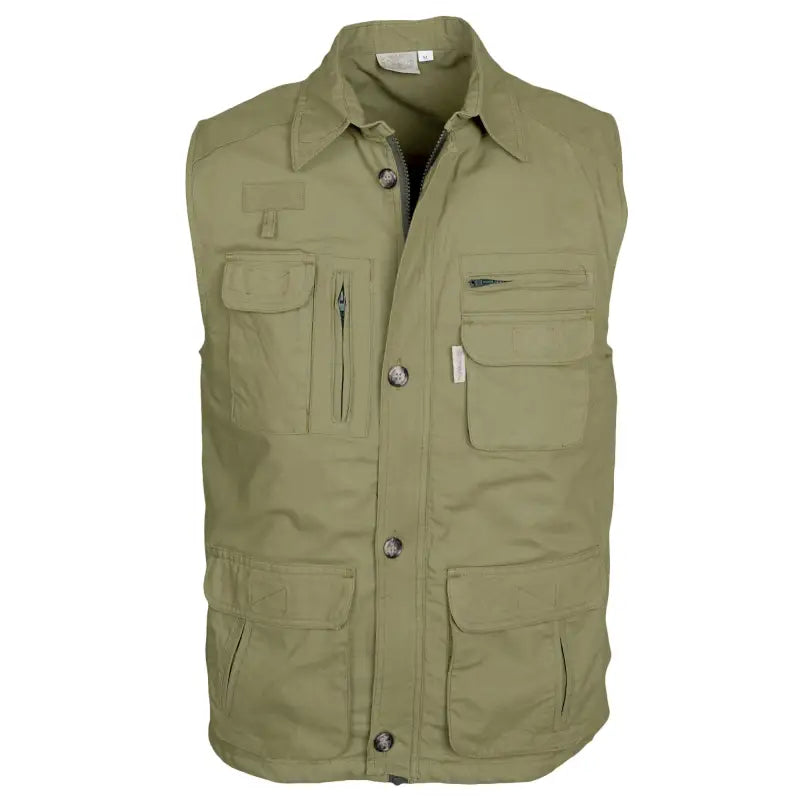 Olive green travel vest for men - khaki with multiple zippered pockets and button closures