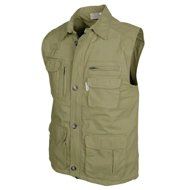 Olive green travel vest for men - khaki with multiple zippered pockets and button closures