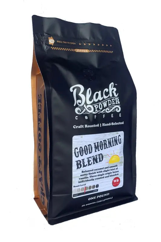 One-pound Black Powder Good Morning Blend Coffee medium roast craft roasted and hand-selected