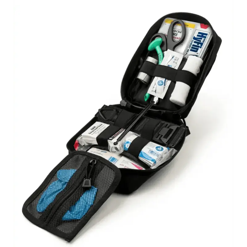 Open Scherber Premium IFAK Kit with medical supplies and bandages in a zippered case