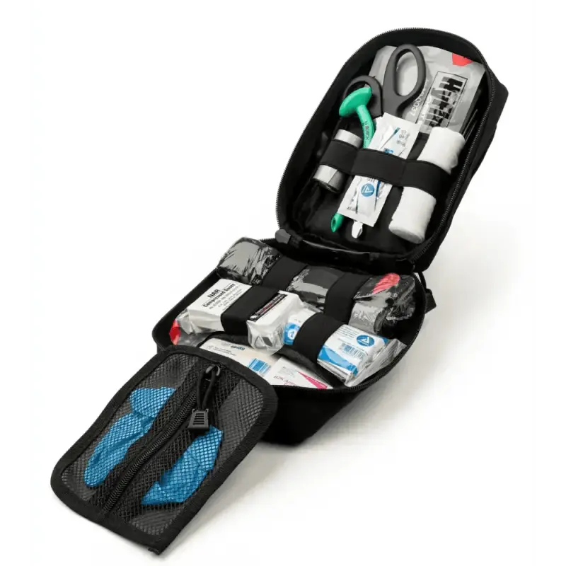 Open Scherber Premium IFAK Kit with medical supplies and bandages in a zippered case