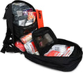 Open black first aid backpack for First Responders, Firefighters, and Police in emergencies