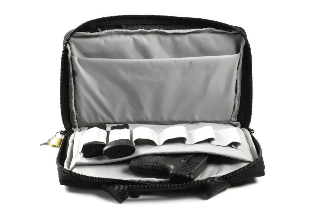 Open Deluxe Pistol Case with gray interior compartments for storing sunglasses