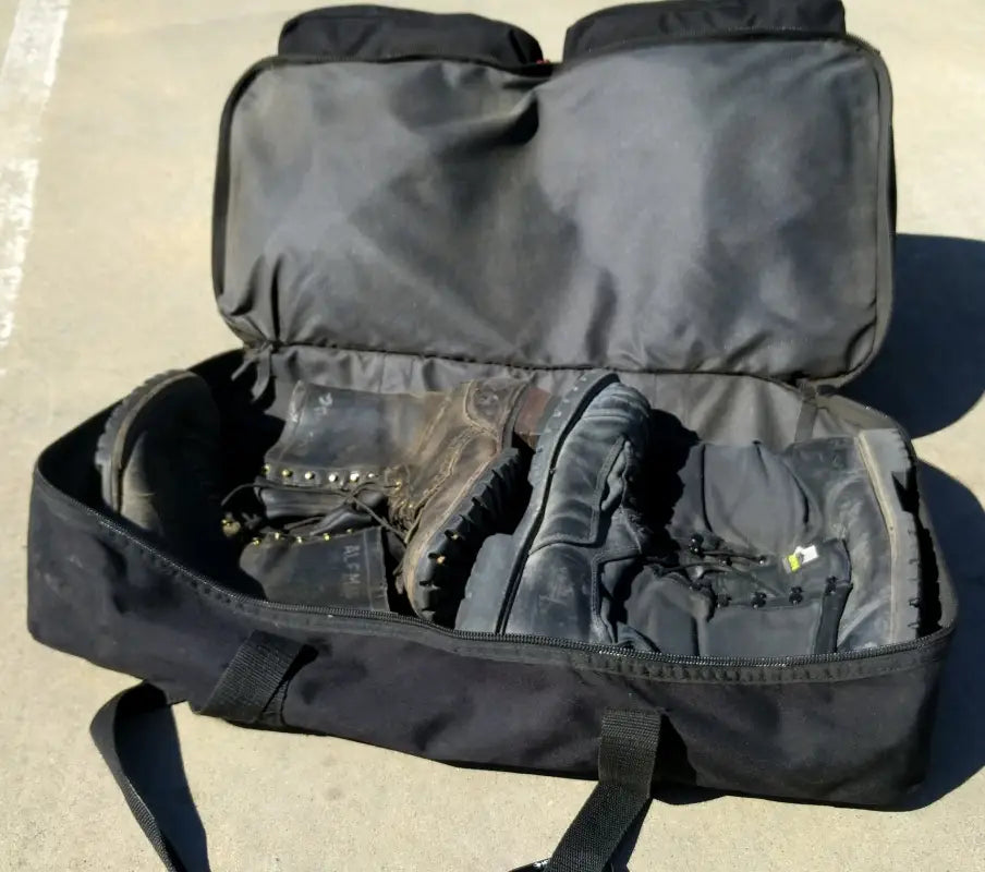 Open Wildland Gear Bag 2 Compartment Aleman Style with zipper pockets and hand grips displaying boots