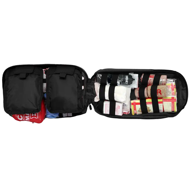 Open black medical bag with supplies for first responders, firefighters, and police rescue missions