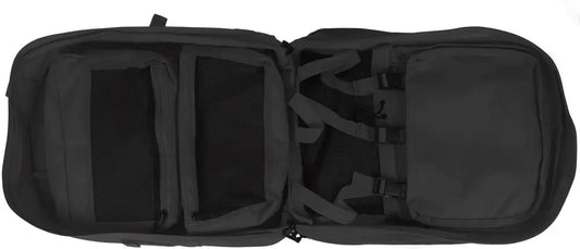 Open black tactical medical pack designed for first responders and firefighters