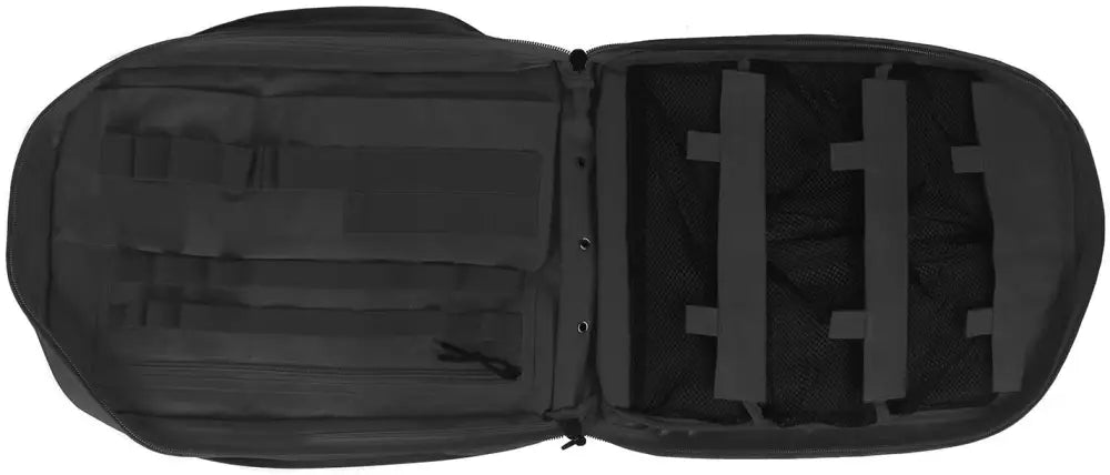 Open black tactical medical pack designed for first responders and firefighters