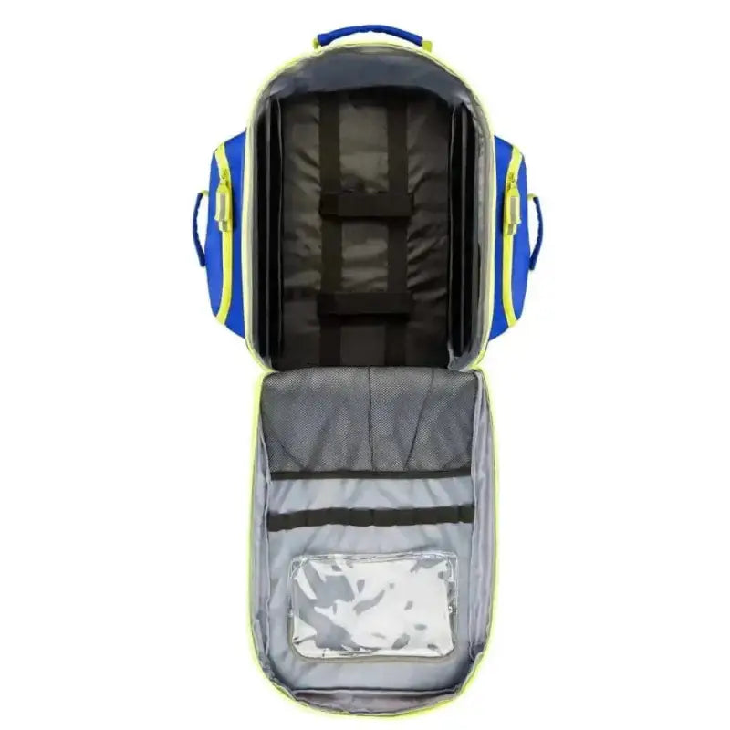 Open blue and yellow Scherber Ultimate First Responder Trauma O2 Backpack compartments