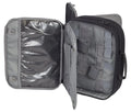 Open gray Four Gun Pistol Pack Range Bag with multiple compartments and storage panels