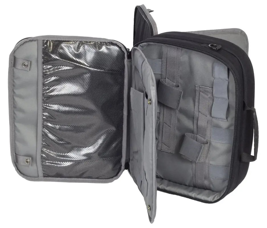 Open gray Four Gun Pistol Pack Range Bag with multiple compartments and storage panels