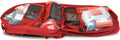 Open red first aid kit for first responders, firefighter, and police emergency use