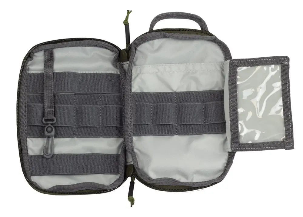 Open tactical medical pouch with MOLLE webbing, ideal pocket organizer for first responders