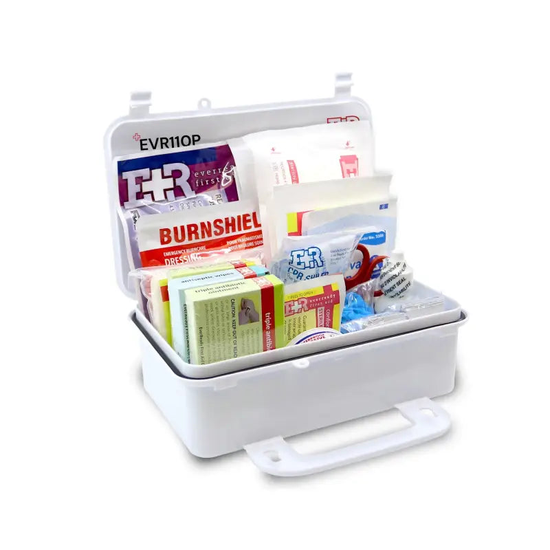 Open white first aid kit in plastic case suitable for first responders or firefighters