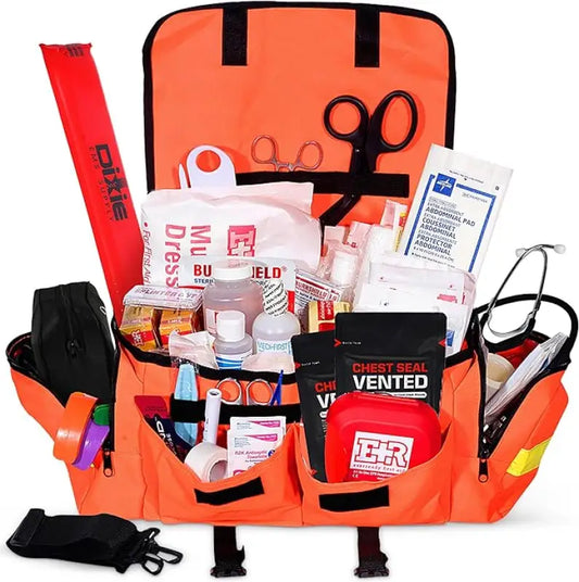 Orange first aid kit for first responders, firefighter and police emergency use