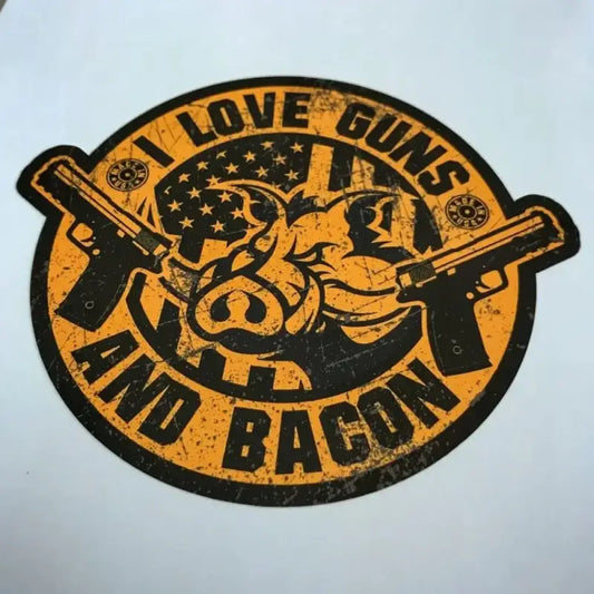 Orange and black patch with pig face, crossed guns, and I Love Guns and Bacon design