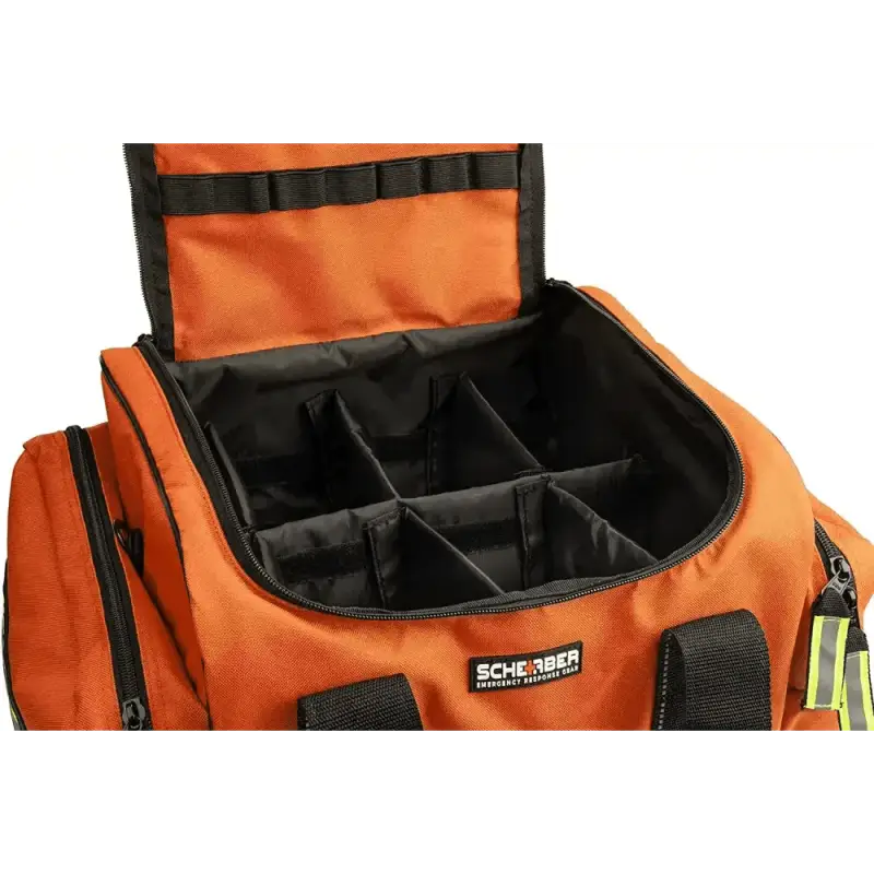 Orange and black compartmentalized bag for Scherber Intermediate Responder Trauma Kit