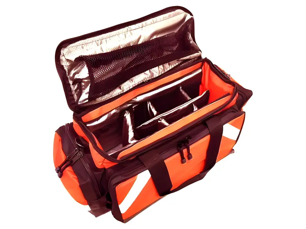 Orange and burgundy LINE2design Elite Trauma Emergency First Aid Kit with compartments