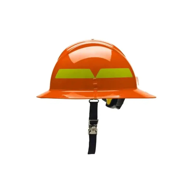 Orange Bullard Full Brim Wildland Helmet with hi-viz lime yellow reflective stripes