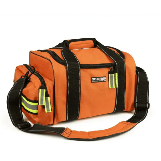 Orange duffle bag with black straps and reflective strips for EMS trauma bag essentials