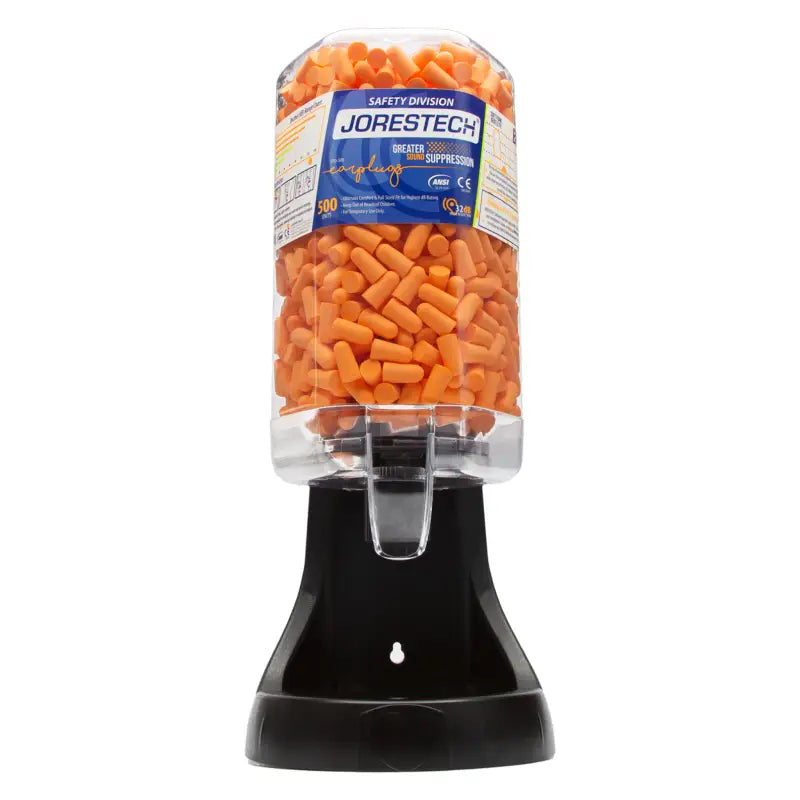 Orange earplug dispenser station with 500 pairs 32dB NRR soft foam units