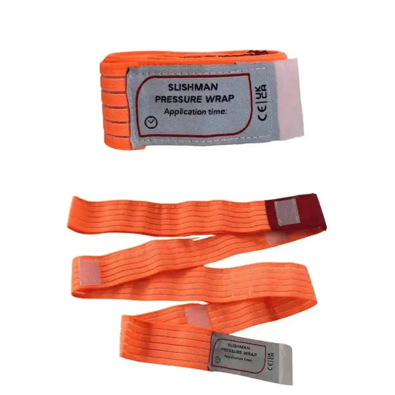 Orange Slishman Pressure Wrap with gray label attachments for effective compression