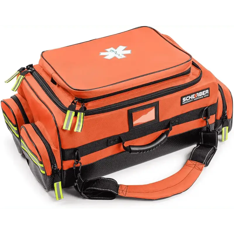 Orange emergency medical response bag with reflective accents for Scherber Ultimate First Responder Trauma Kit