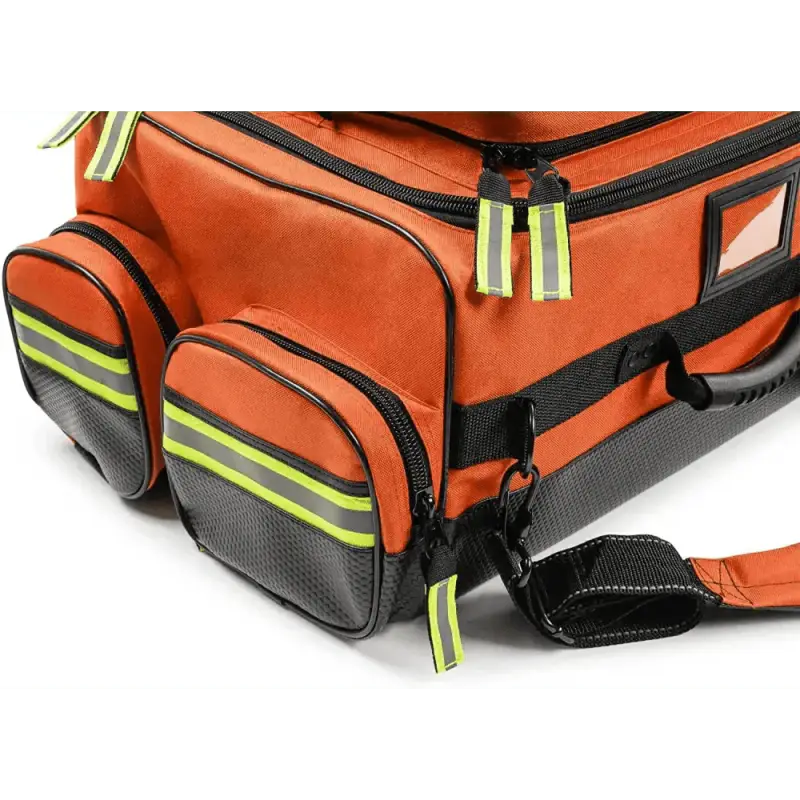 Orange emergency medical responder O2 bag with reflective stripes and compartments