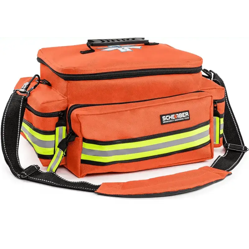 Orange EMS trauma bag with reflective stripes and shoulder strap for professional essentials EMT