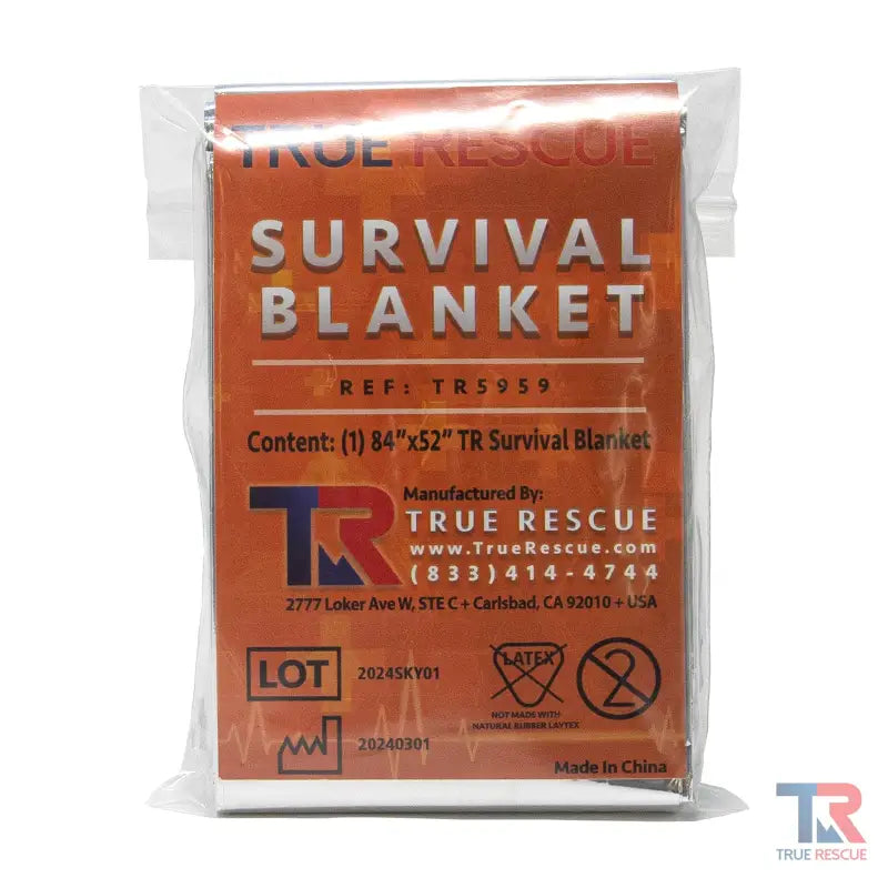 Orange Emergency Survival Blanket in True Rescue sealed packaging for outdoor safety