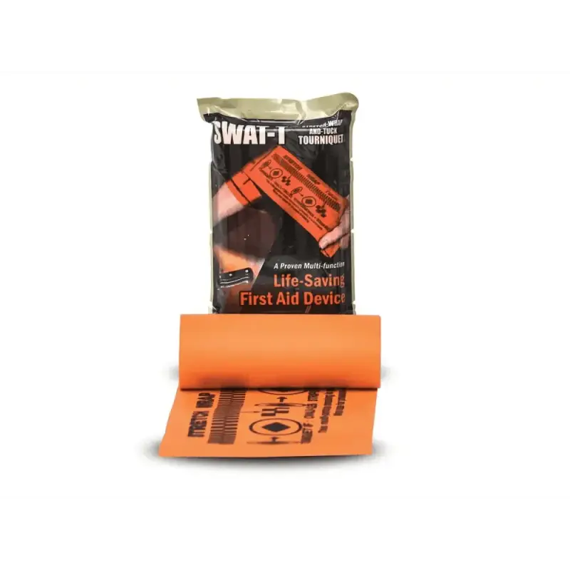 Orange SWAT-T Tourniquet for extremity bleeding with recommended operating temp displayed