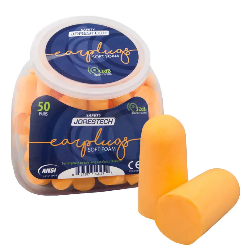 Orange foam earplugs in a container for 32db NRR soft foam earplugs, 50 pairs