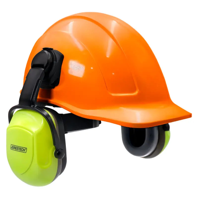 Orange cap-style hard hat kit with high vis mountable earmuffs for safety