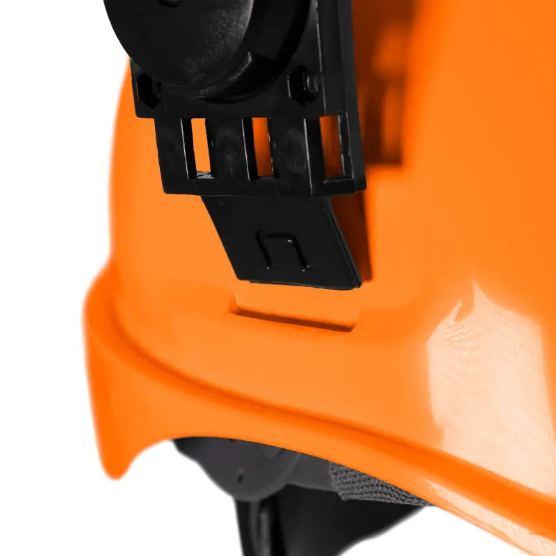 Orange cap-style hard hat with black attachment for earmuffs and hi-transparency face shield