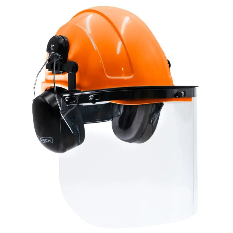 Orange cap-style hard hat kit with earmuffs and hi-transparency face shield