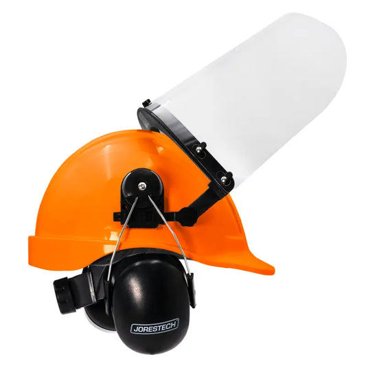 Orange cap-style hard hat kit featuring hi-transparency face shield and earmuffs