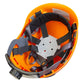 Orange hard hat interior featuring adjustable ratchet suspension and brow pad for comfort